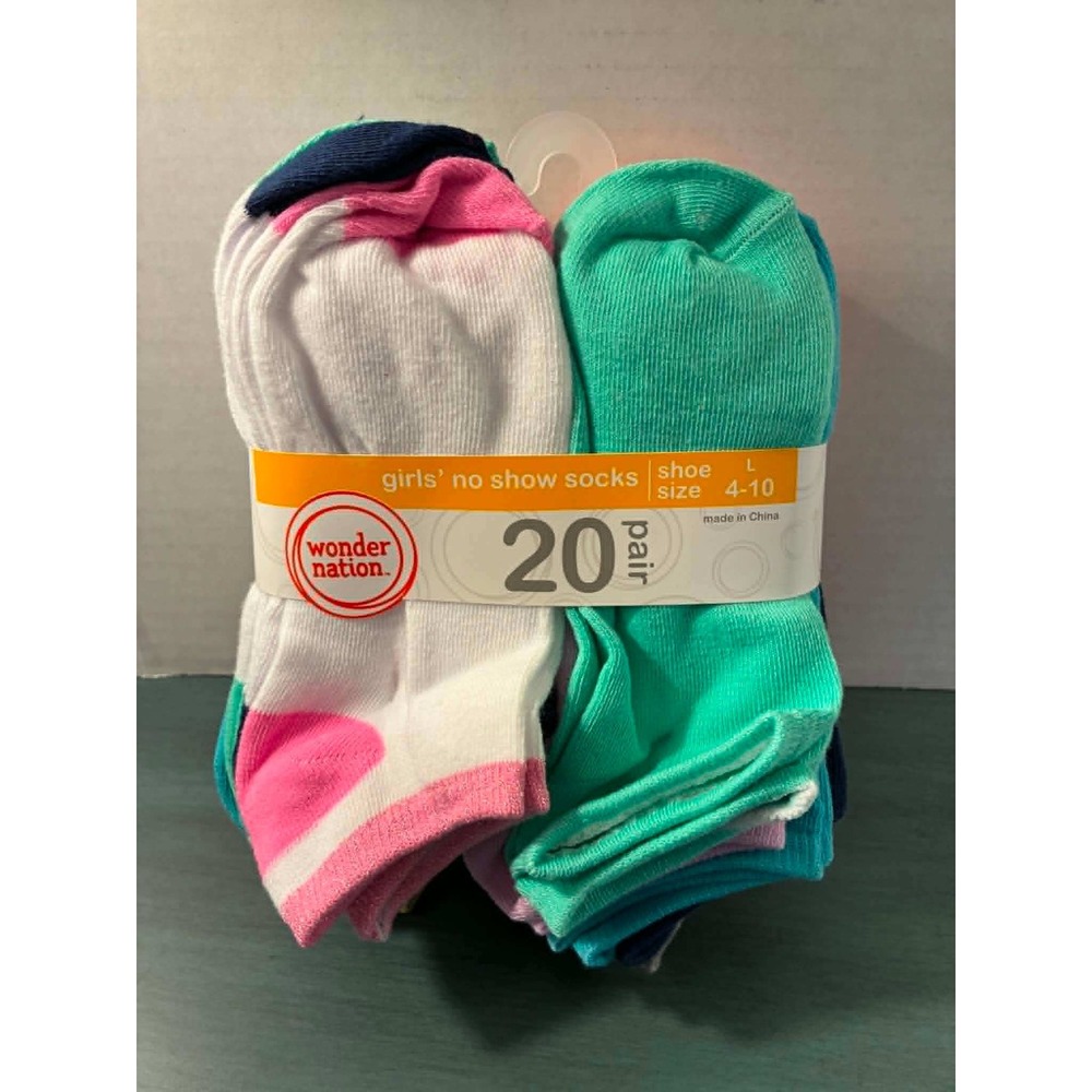 Wonder Nation Girls No Show Socks 20 Pair Pack Multi Color Shoe Size L 4-10 NEW